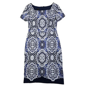 Talbots ~Woman Size 2~ Blue/White Flora Cotton Blend A-Line Dress Short Sleeve.